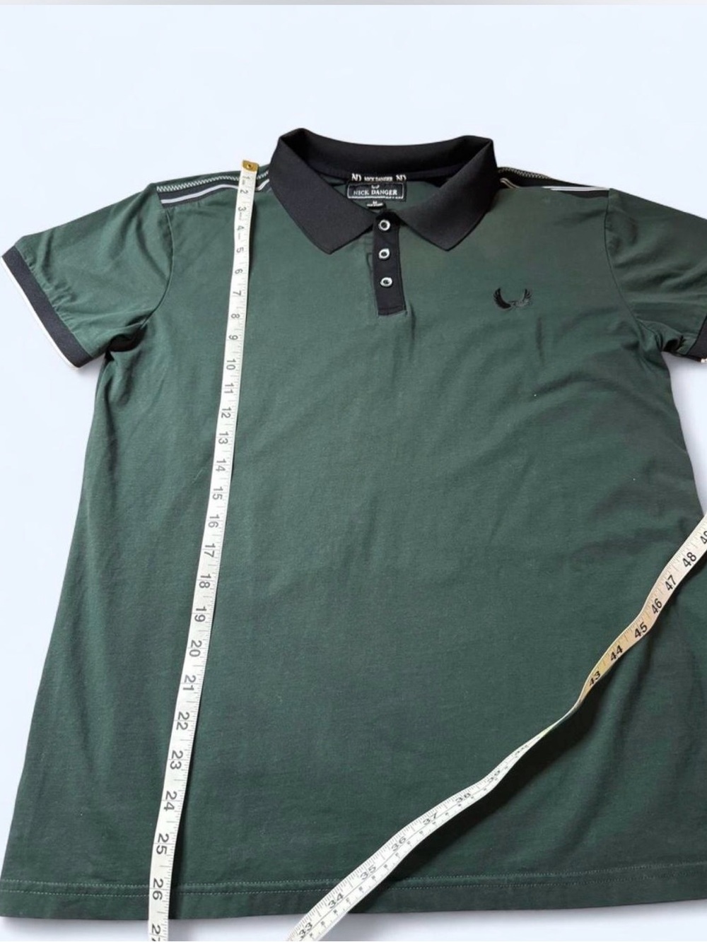 Nick Danger Men's Olive Green Polo Shirt with Black Trim - Picture 4 of 7